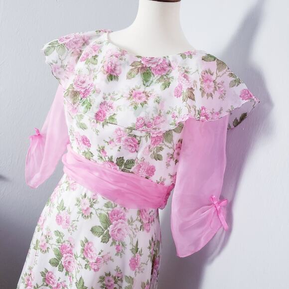 Vintage 70s Sylvia Ann Rose Floral Maxi Gown Regencycore Cottagecore Pink 14 - Picture 14 of 16